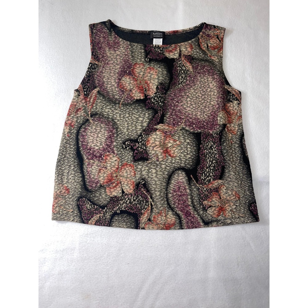 MSK‎ Floral Sleeveless Top Women 1X Purple Gold Excellent Metallic Knit Blouse